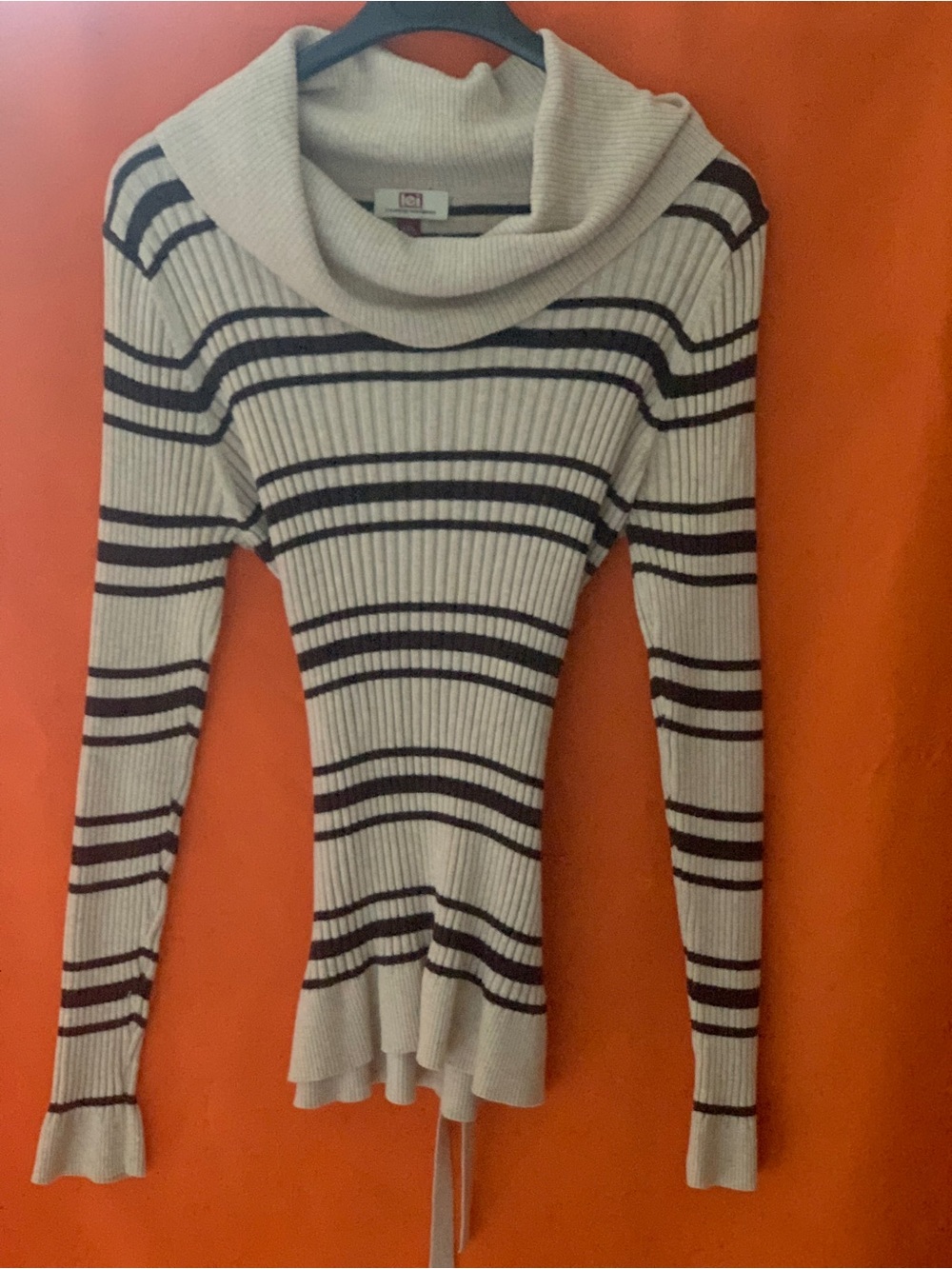 Lei life energy intelligence Striped Cowl Neck Ribbed Sweater- cream/ black